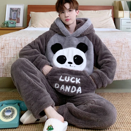 新款睡衣男秋冬季珊瑚青年男士加厚法兰卡通加大码家居服套装