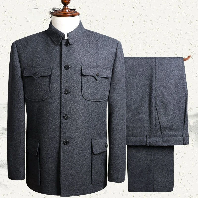 中山装男中老年套装中山服老年人外套老人衣服春秋冬爷爷爸爸服装