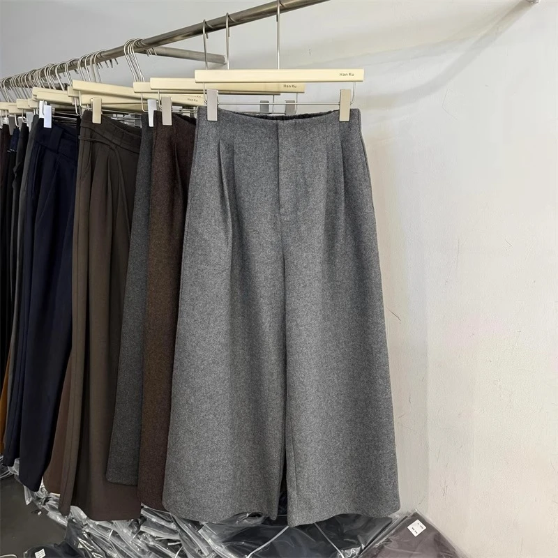 复古高级感羊毛呢休闲裤女2024秋冬新款高腰百搭宽松九分阔腿裤子