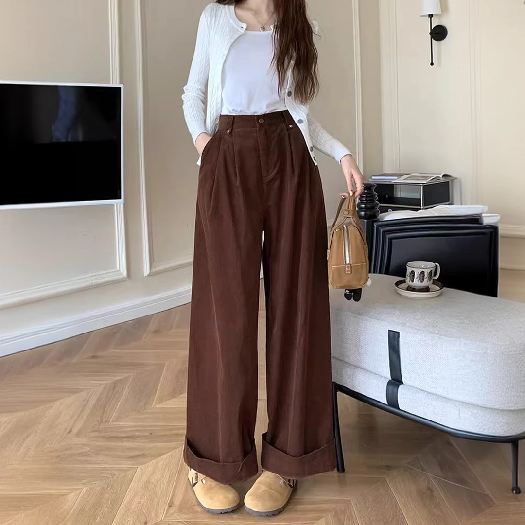 2025秋冬新款韩版灯芯绒显瘦阔腿裤子女高腰宽松大直筒条绒休闲裤