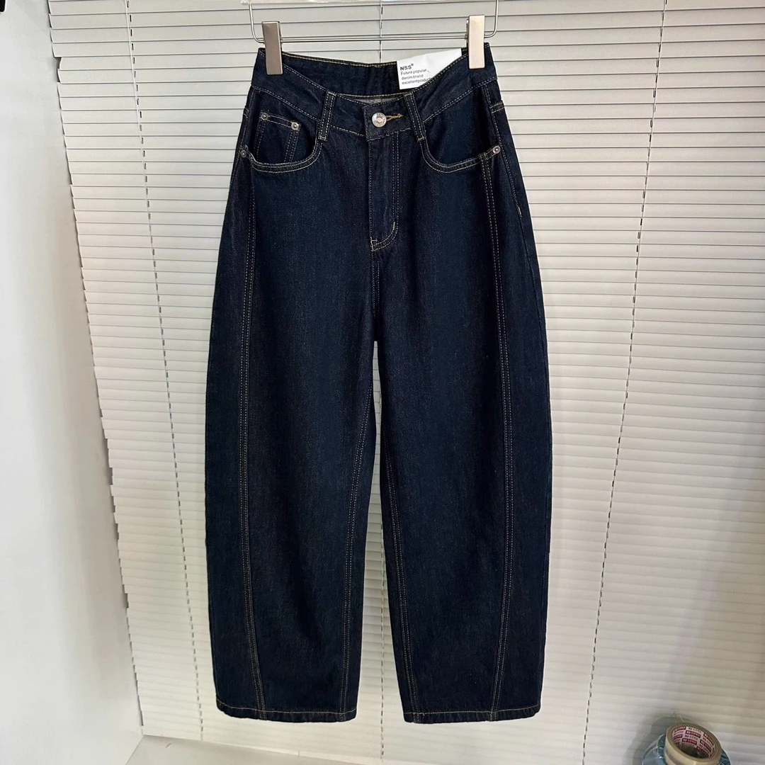 韩系复古明线设计镰刀牛仔裤女2024冬季新款高腰磨毛保暖直筒裤女