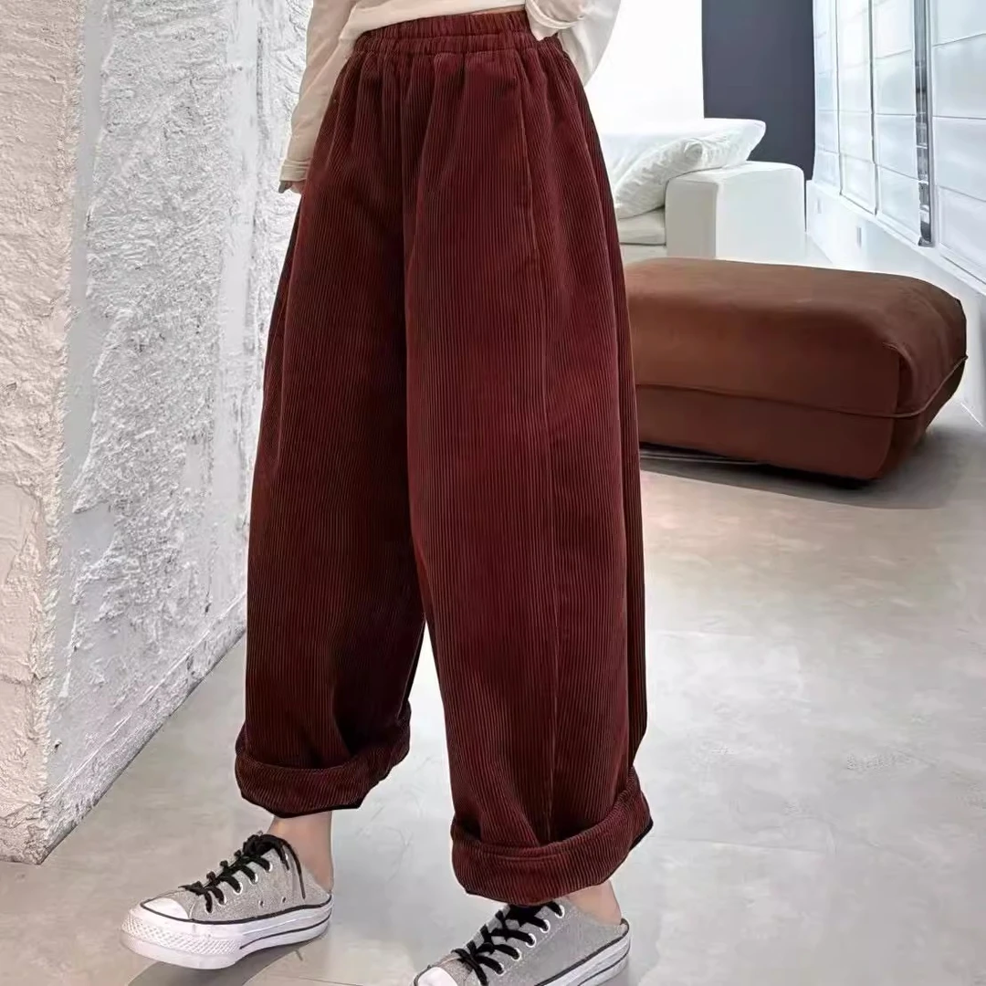 欧洲站2024冬季松紧腰侧压线卷边加绒休闲裤欧货慵懒灯芯绒奶奶裤
