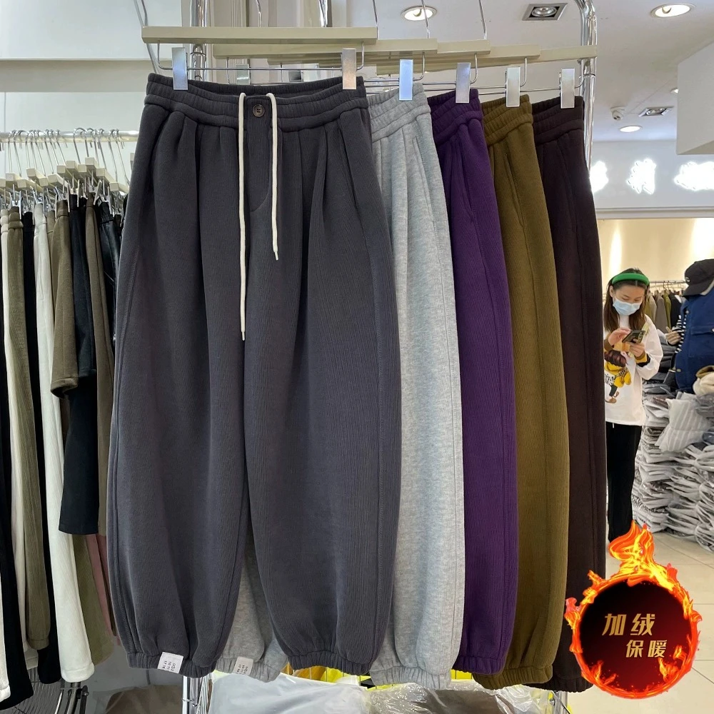 欧洲站宽松大版加绒卫裤女2023冬季新款束脚阔腿裤加厚哈伦运动裤