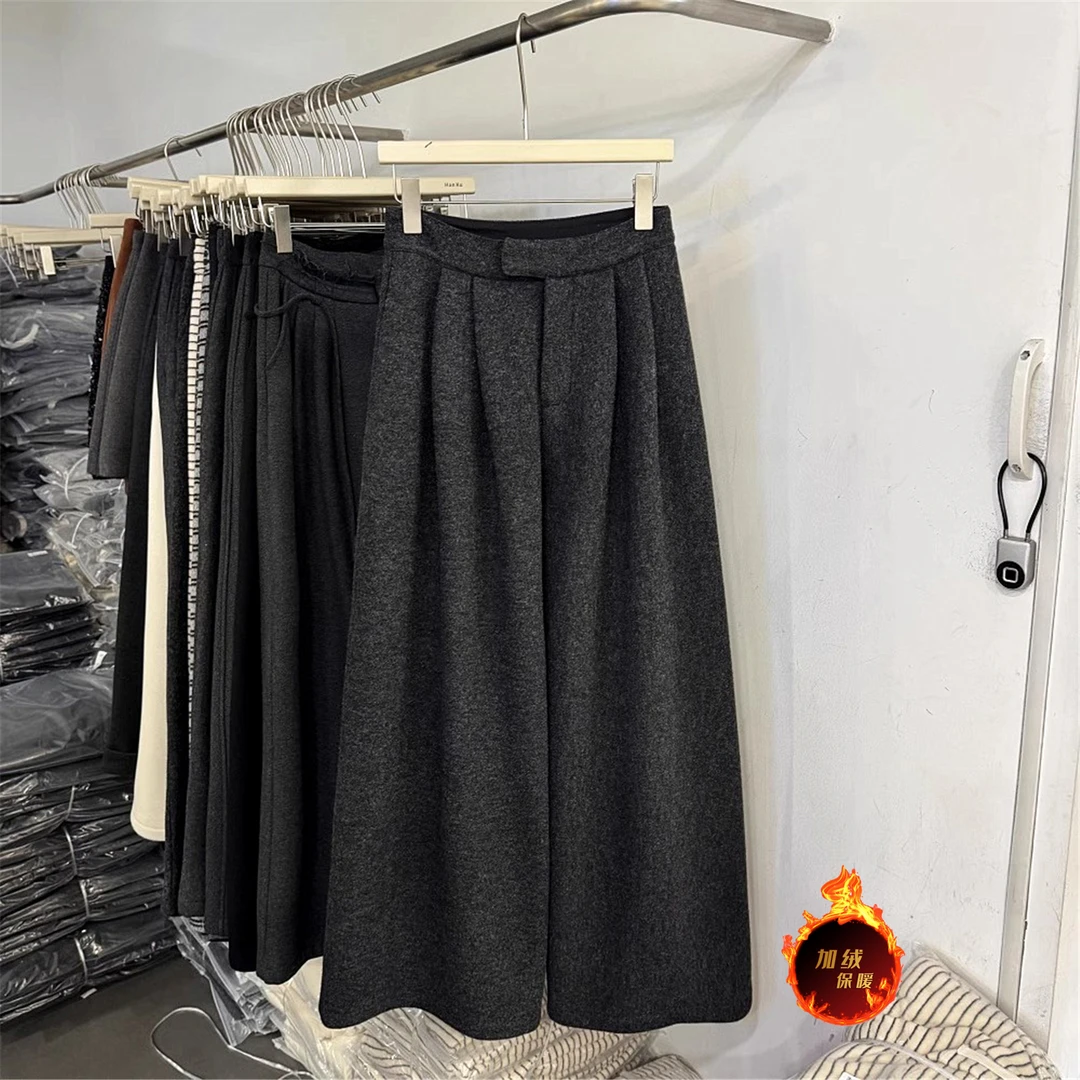 软糯羊绒毛呢侧扣加厚阔腿裤女2024冬季新款高腰显瘦直筒拖地长裤