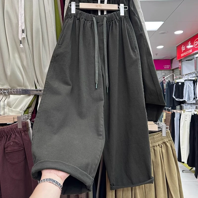 日系洗水棉老爹裤子秋冬新品九分山本阔腿小个子大码休闲哈伦裤女