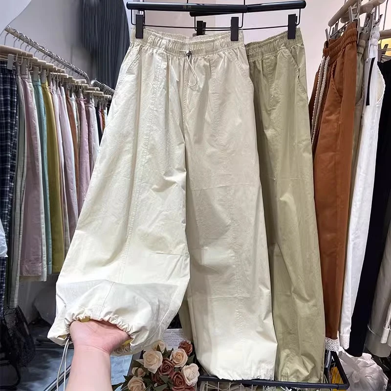 韩系松紧腰阔腿裤女夏季薄款高腰显瘦直筒裤休闲小个子九分萝卜裤