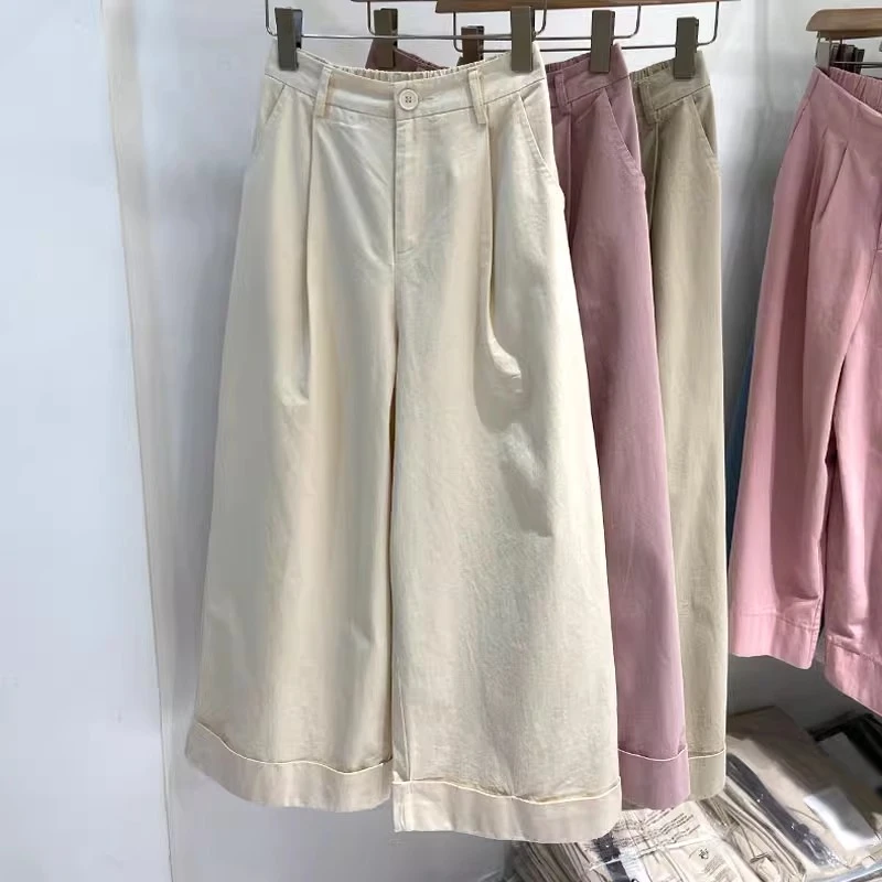 日韩系慵懒风卷边阔腿裤女早秋高腰宽松直筒裤小个子九分休闲裤子
