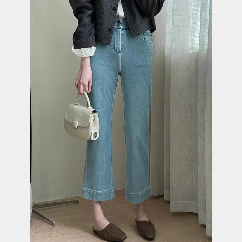 2024秋新款蓝色九分法棍裤女梨型身材显瘦微喇小个子烟管牛仔裤