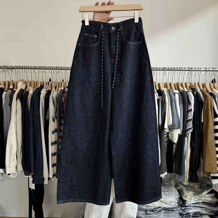 2025春秋新款老钱风宽松高腰休闲牛仔裤长裤高腰抽绳阔腿裤大码女