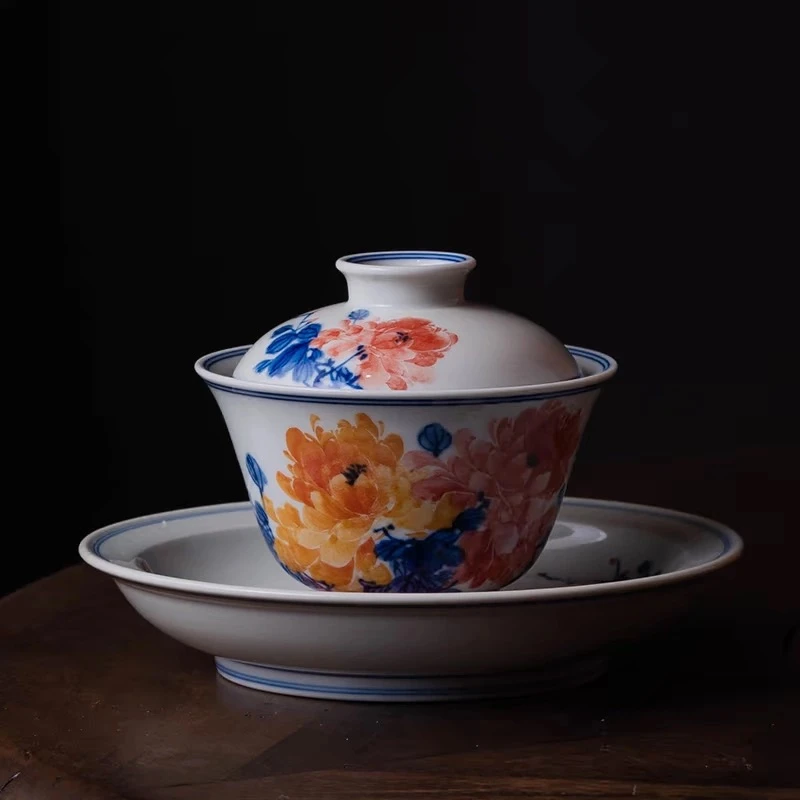 手工手绘青花釉下五彩国风牡丹二才盖碗复古瓷盖碗