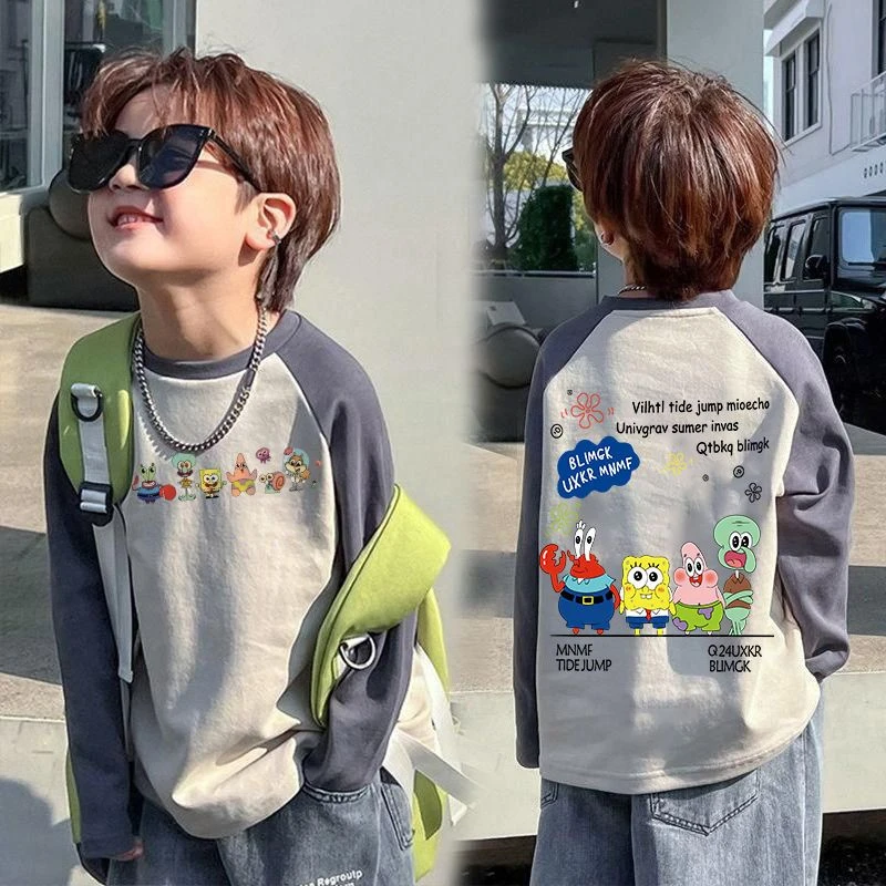 100%纯棉韩版男童新款百搭儿童中大童宽松男孩春秋潮长袖T恤打底