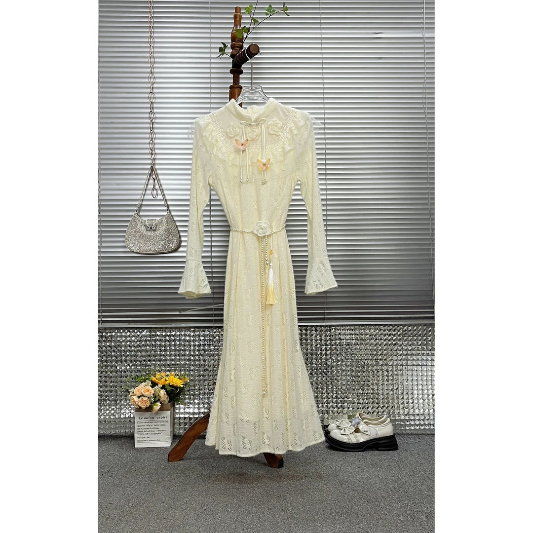 秋冬春季带腰带高质设计款新中式旗袍风包臀鱼尾仙女裙加绒连衣裙