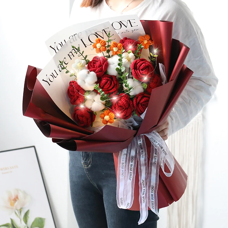 手工针织成品毛线花仿真花玫瑰花束生日礼物七夕情人节送女友闺蜜