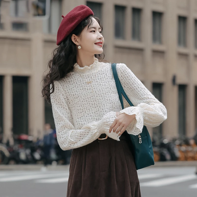 【加绒款式】洋气蕾丝打底衫女2024秋冬季新款韩版长袖内搭小衫上衣
