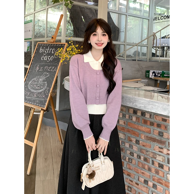 【真两件】慕兔慵懒风短款polo领毛衣女内搭背心针织开衫两件套