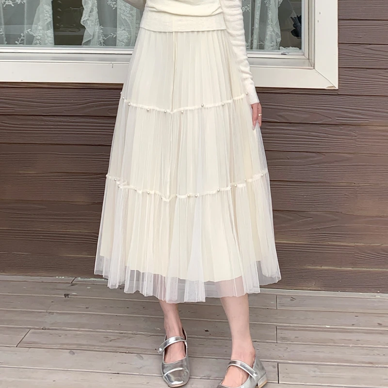 （小铃铛）TU20383时尚网纱百褶半身裙百搭高腰中长款A字大摆裙