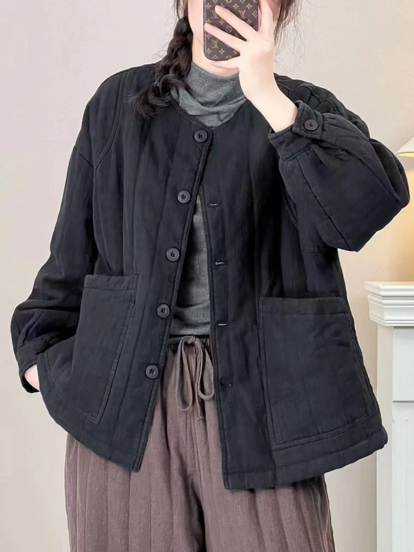 88111砂洗汗亚麻短款棉服复古百搭
