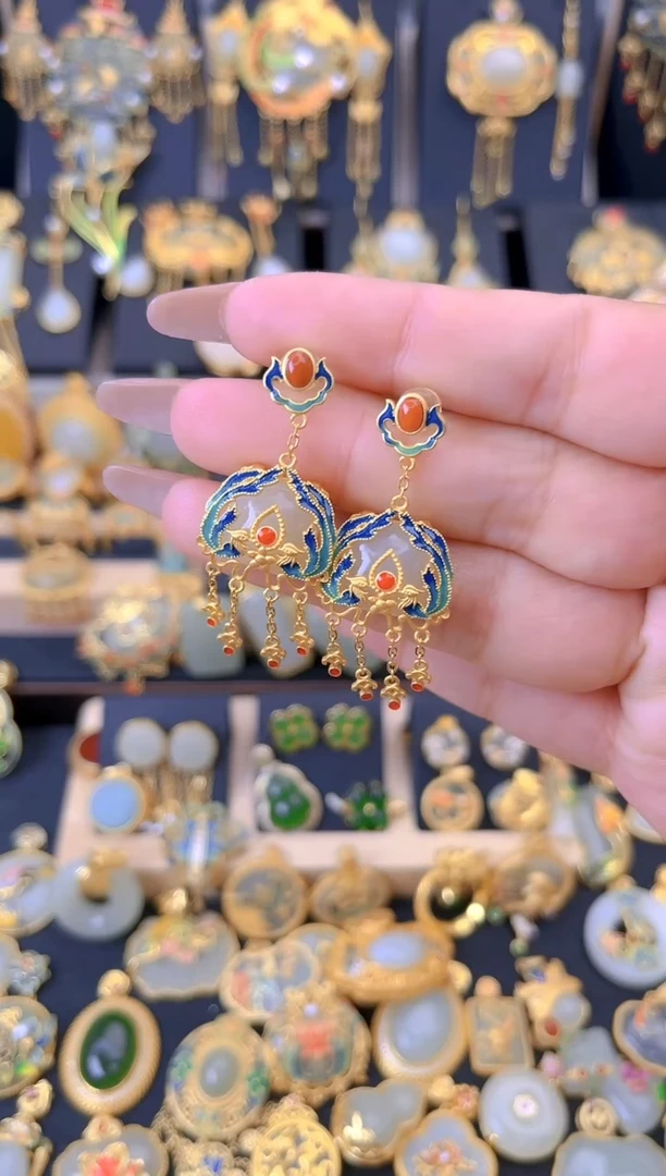 【闪购商品】和田玉耳坠银S925镀金镶嵌双凤珐琅耳钉