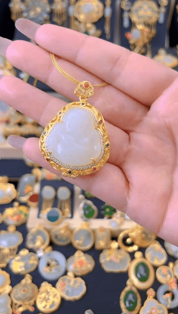 【闪购商品】和田玉吊坠银S925镀金镶嵌花丝镂空佛公吊坠