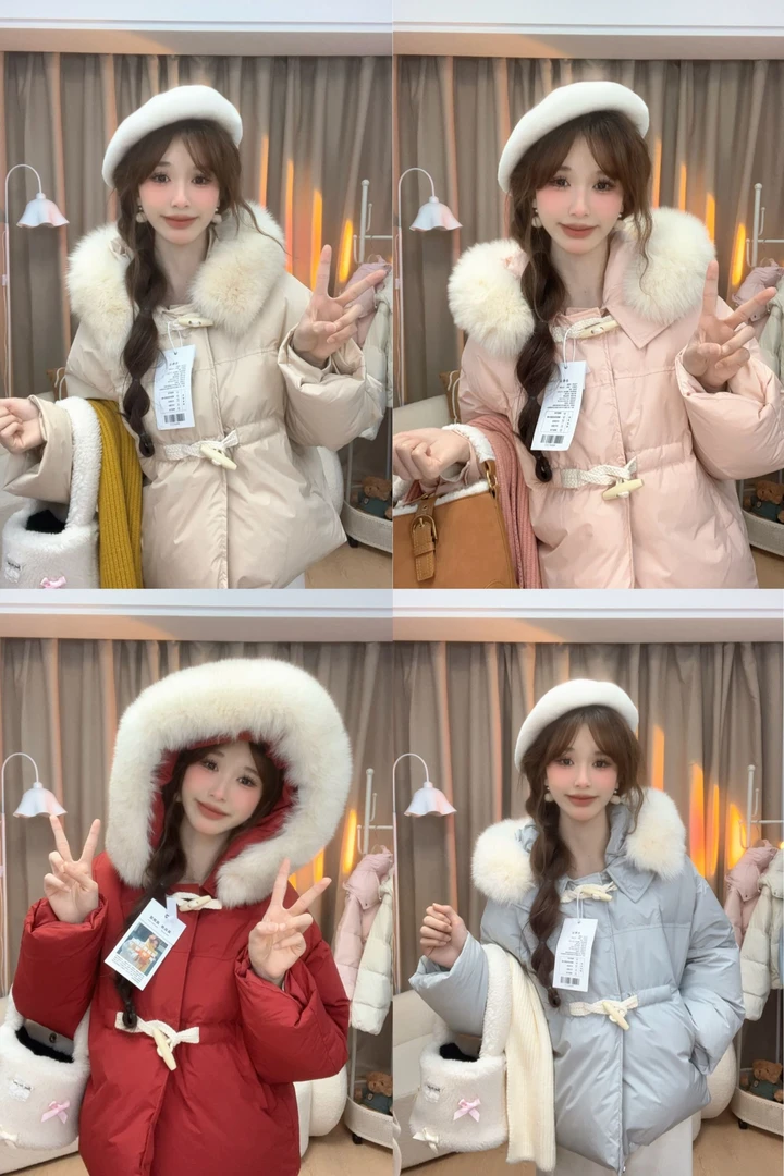 90白鸭绒牛角包包羽绒服真狐狸毛领小个子时尚网红洋气连帽短款