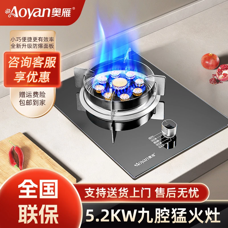 奥雁厨房家用九腔火盖猛火单灶一级能效节能熄火保护灶B101【特价】
