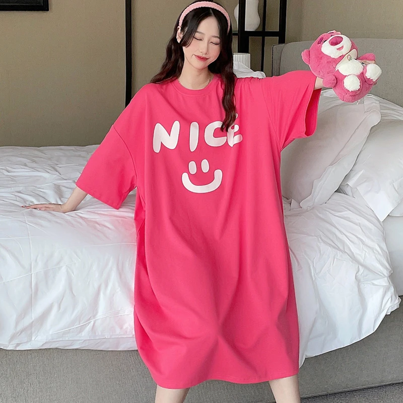 夏季纯棉短袖裙网红风睡衣女薄款学生宽松夏天睡裙女可外穿家居服