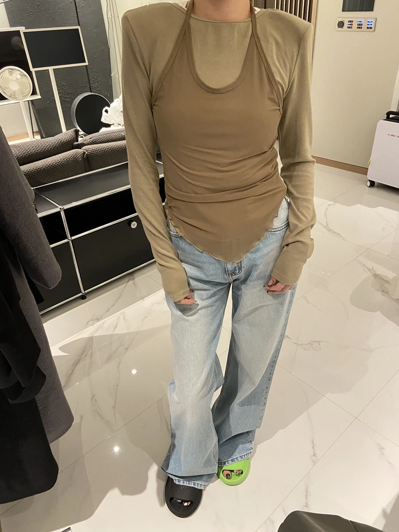 KIOKWANG//假两件绑带挂脖背心拼接设计圆领长袖垫肩上衣