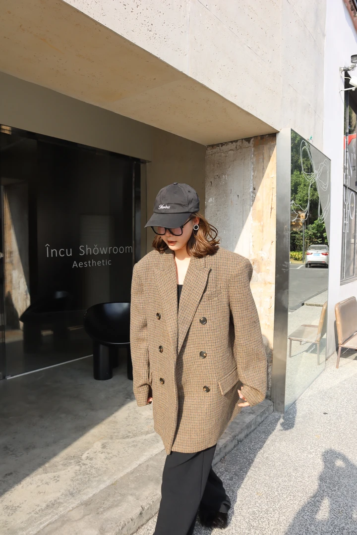 KIOKWANG//重工双排扣复古千鸟格纹宽松廓形毛呢西装外套