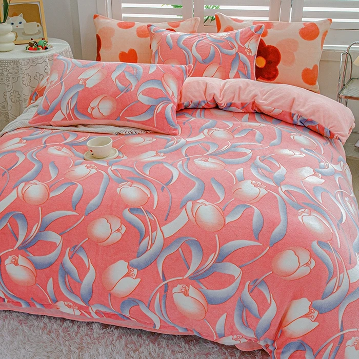 【网红爆款】新款高克重加厚牛奶绒四件套冬季小清新印花款双面绒