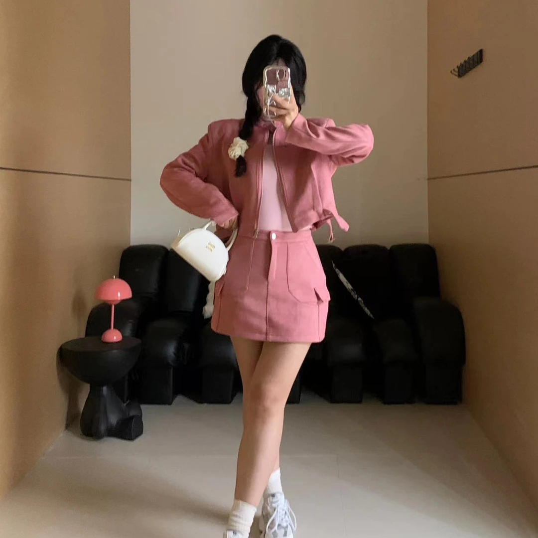 慧芝huizhi 加州辣妹 设计款 粉色定制正肩辣妹套装