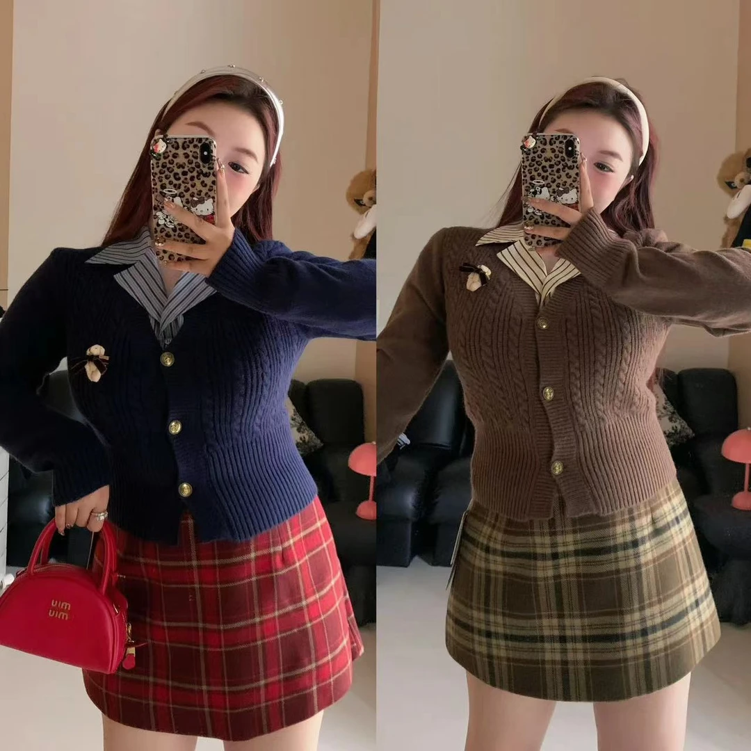 慧芝huizhi 复古学院派 定制款麻花纹收腰针织开衫外套（不带胸针