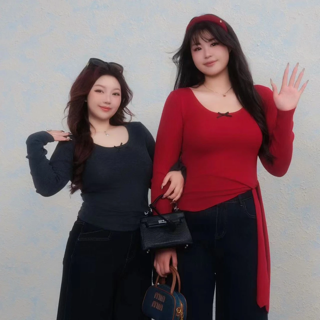 慧芝huizhi 3286蝴蝶结绑带上衣 定制款 大U领弹力纯欲辣妹上衣