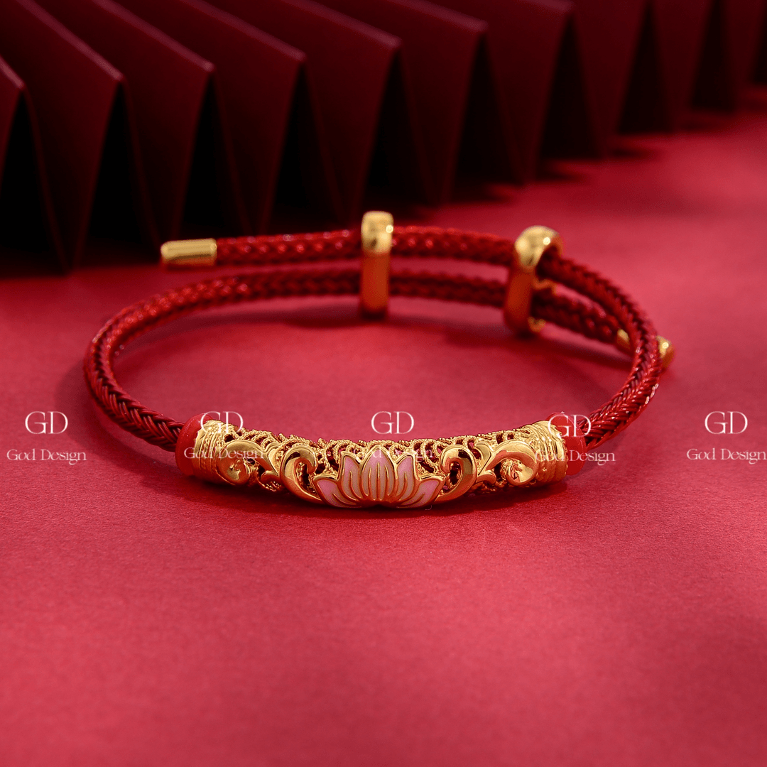 【梵曼罗专属】足金999烤珐琅好事莲莲弯管开运红绳 国风国潮轻奢时