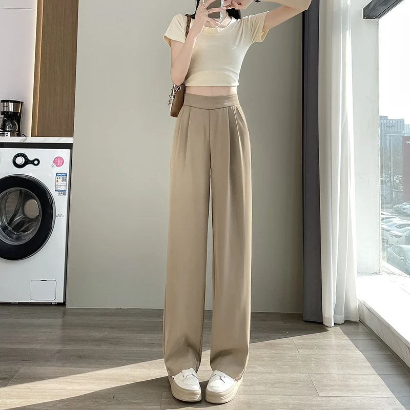 春夏小个子窄版阔腿西装裤女白色垂感高腰休闲裤直筒裤拖地长裤