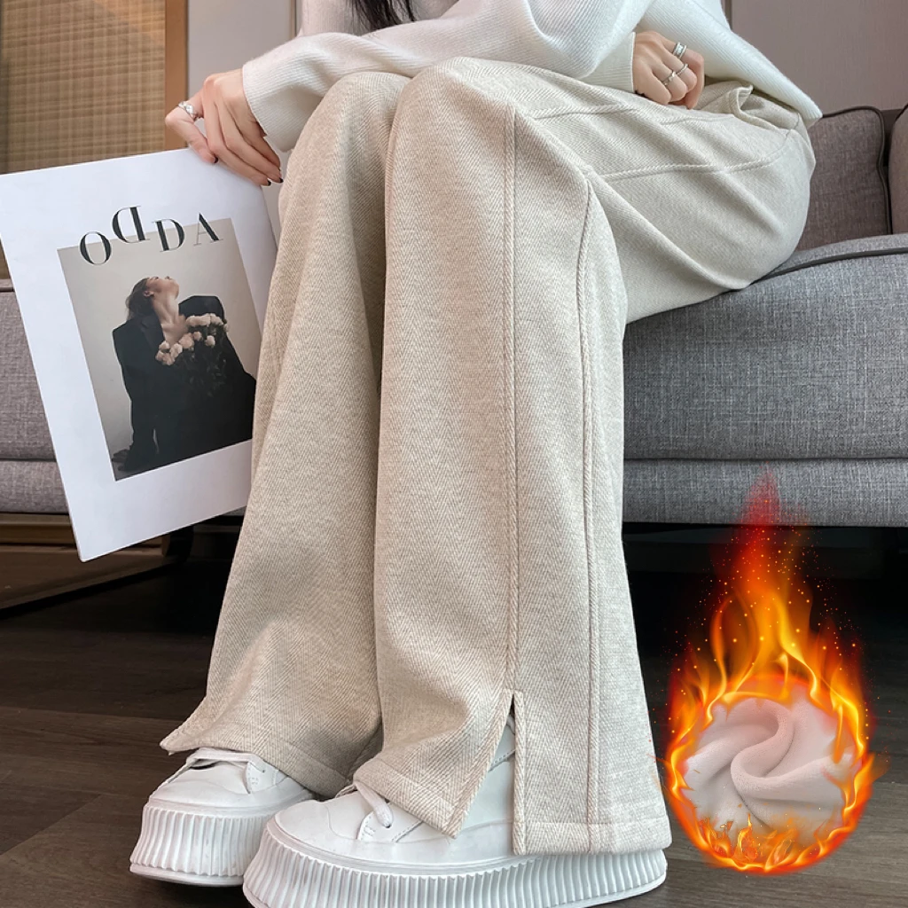 人字纹毛呢加绒加厚开叉香蕉阔腿裤女秋冬季长裤九分大码直筒宽松