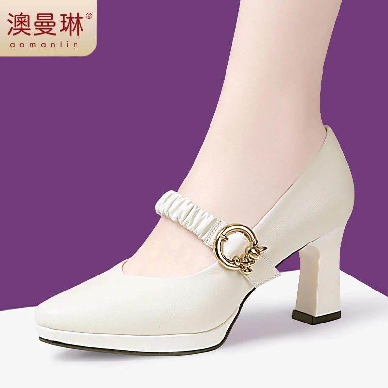 米白软底中跟职业正装工作单鞋女粗跟厚底防水台旗袍走秀高跟女鞋