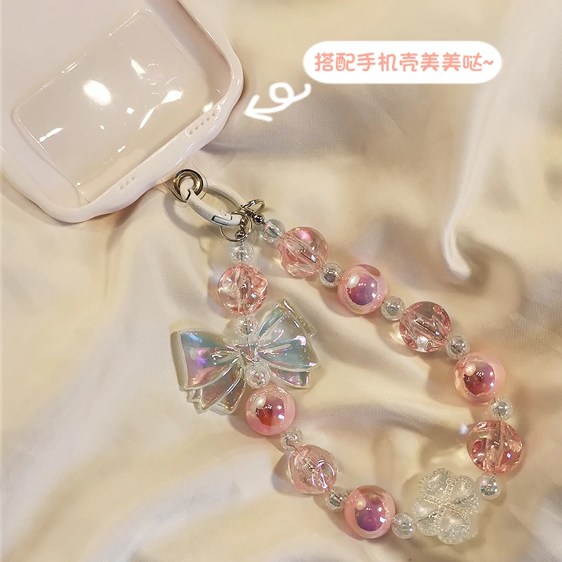 手机挂绳炫彩蝴蝶结水晶串珠宽腕带链不规则珠子挂件短款手腕绳