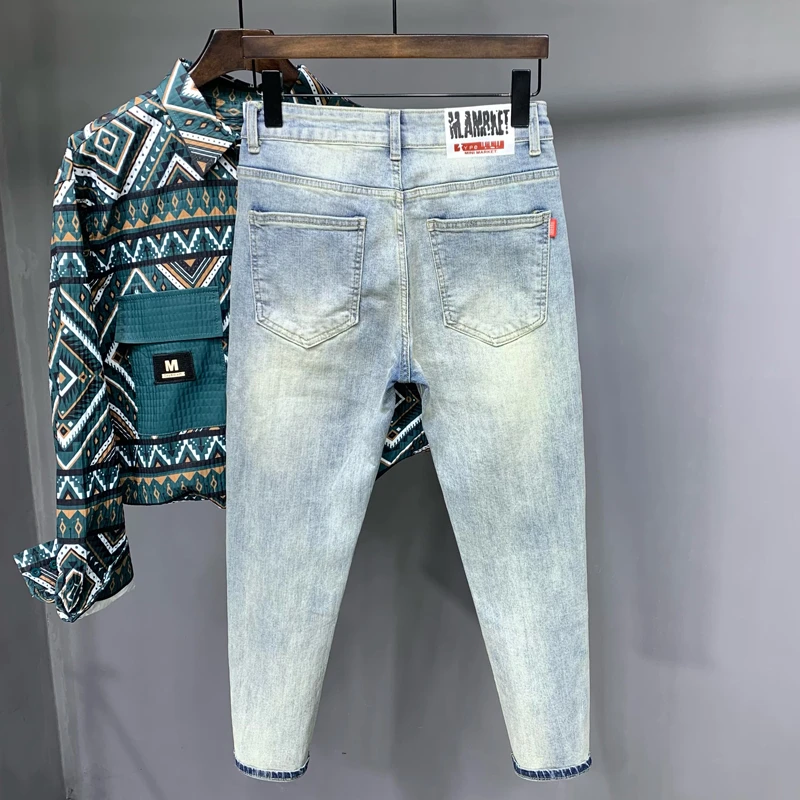 冬季牛仔裤2025新款男韩版潮流时尚百搭修身小脚浅色复古九分裤