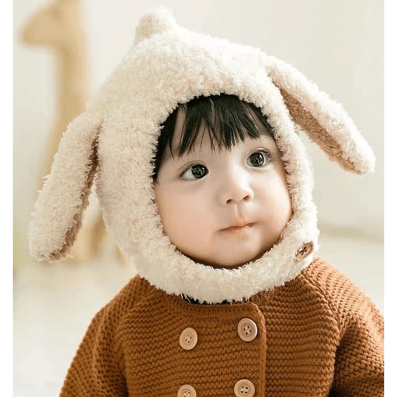 婴儿帽子秋冬韩版婴幼儿兔子耳朵毛绒绒保暖护耳帽宝宝帽子秋冬