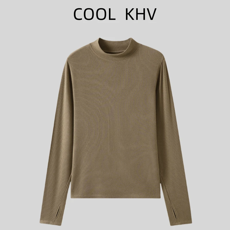 秋冬休闲半高领百搭修身加绒保暖手指套长袖女士内搭针织打底衫