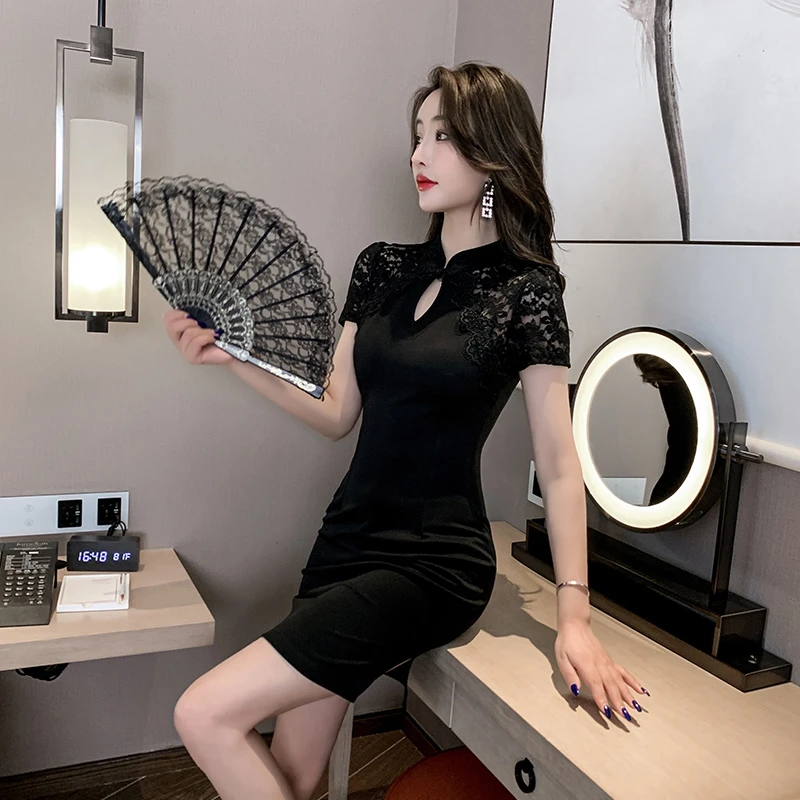 2022新款法式复古旗袍裙改良修身显瘦包臀性感连衣裙女技师工作服