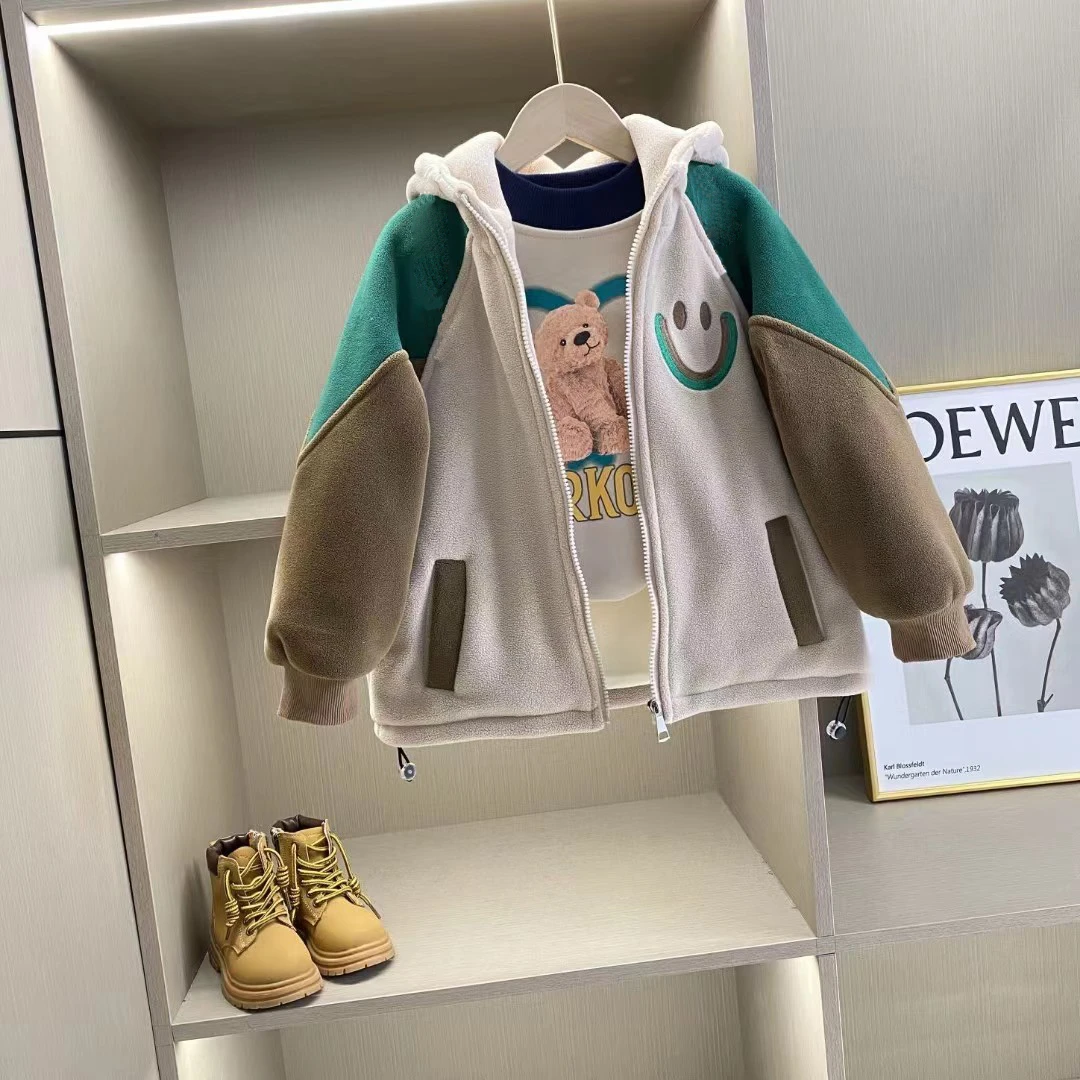 儿童奥粒绒外套秋冬新款加绒外套男女童棉衣连帽上衣开衫外套加厚