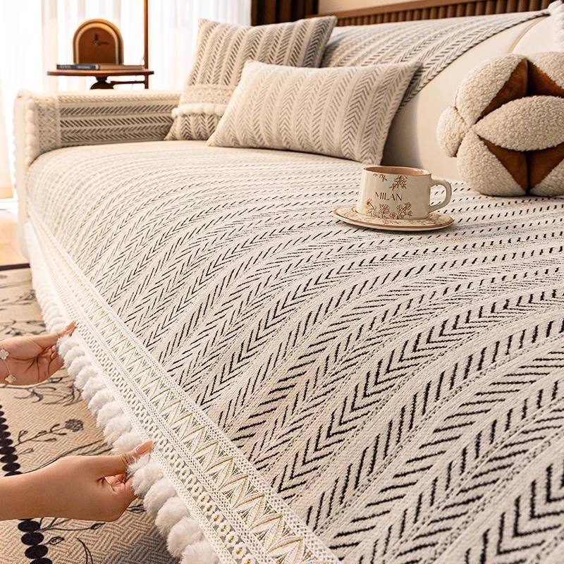 洱峰高级感鱼骨纹毛球沙发垫2024新款四季固定防滑直排沙发坐垫