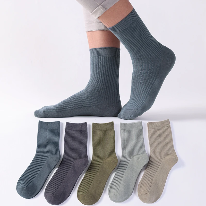 男款四季中筒袜男士长袜双针织商务休闲高筒袜秋冬中筒袜吸汗纯色