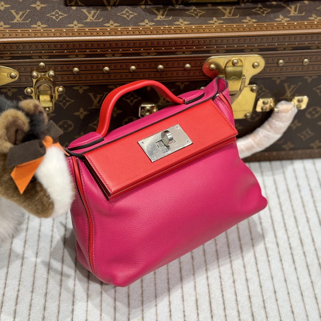 99新 Hermes/爱马仕 lina/爱马仕墨西哥粉拼心红色迷你2424包