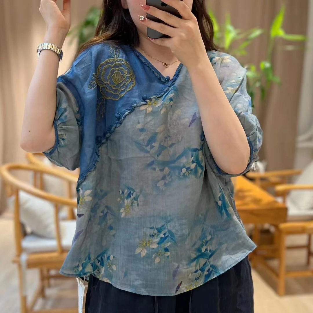 大宁女装 【洋牡丹】V领斜襟手工钉扣中国风衬衫C585