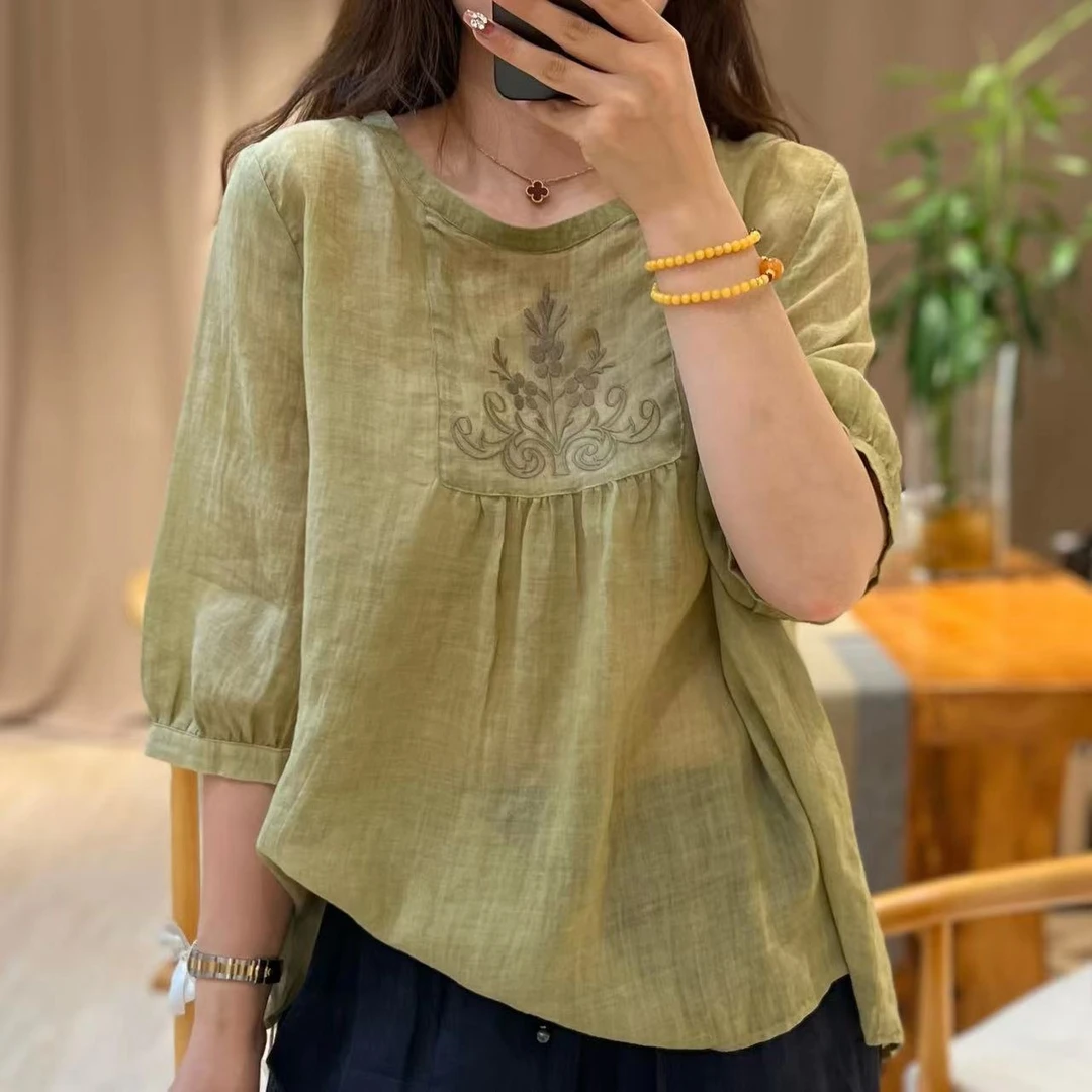 大宁女装 【三叶草】圆领复古文艺小衫1338
