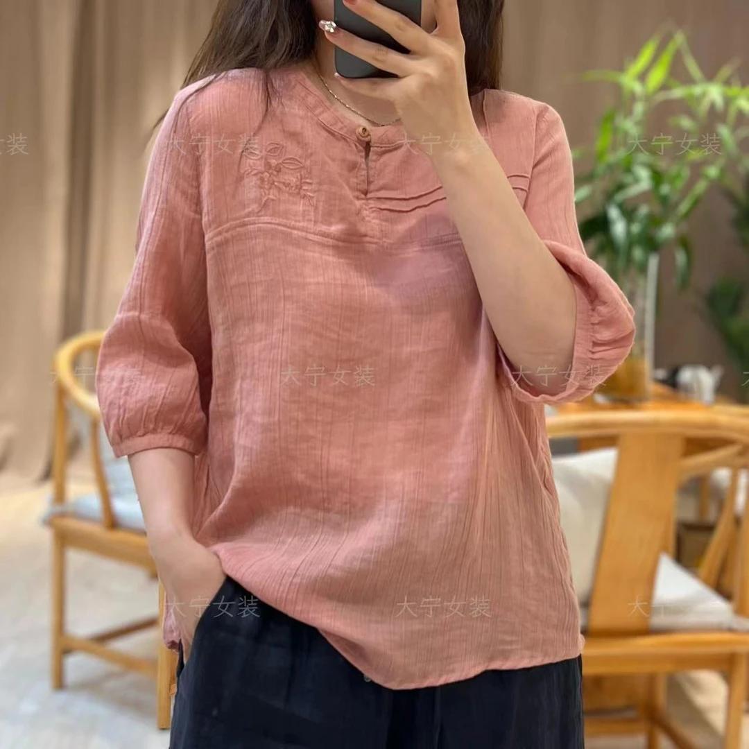 大宁女装 【白月光】新品中国风纯色圆领文艺小衫7021