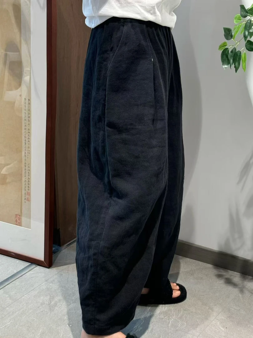 大宁原创  【黑泡芙】亚麻拼棉秋冬松紧腰黑咖色阔腿九分裤L24018