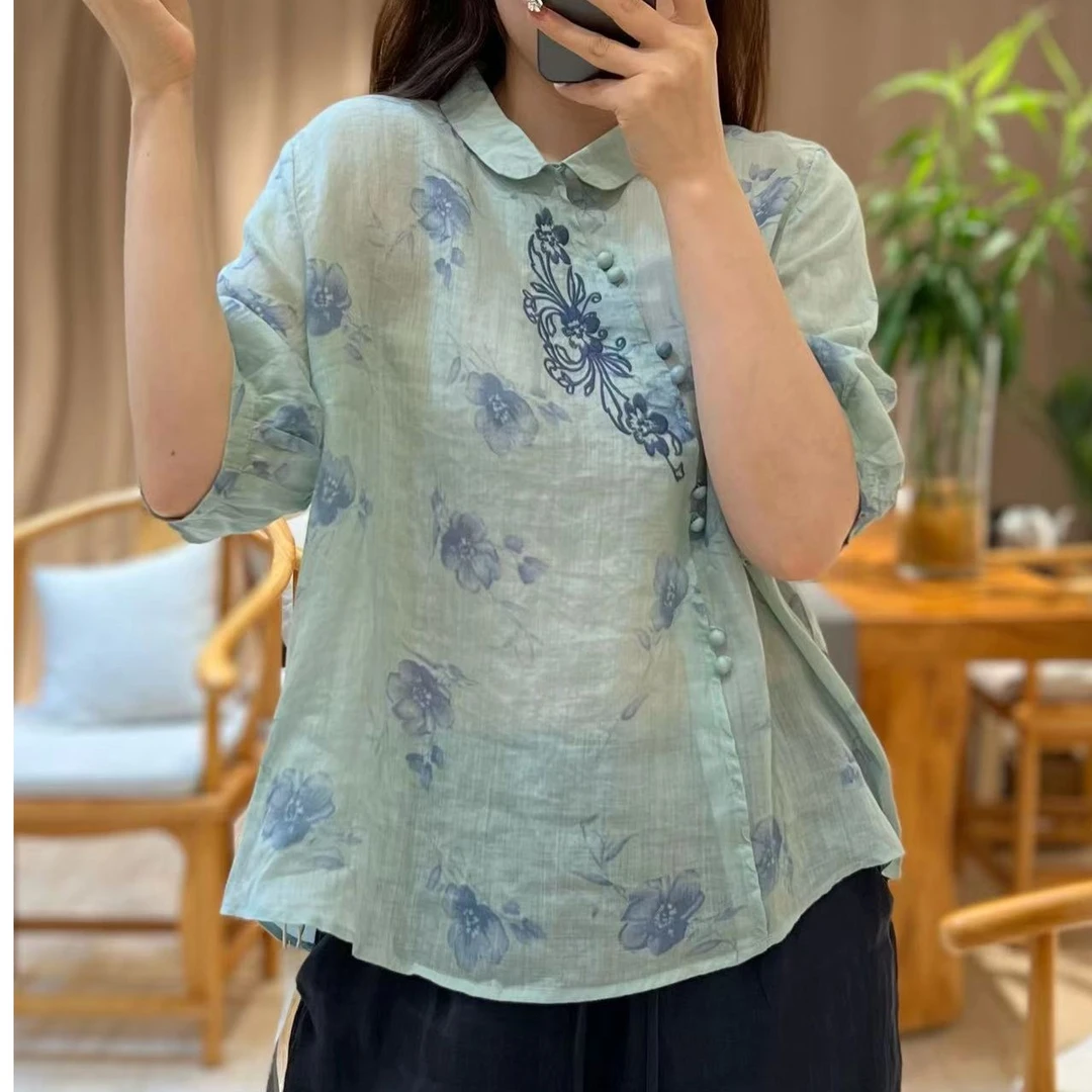 大宁女装 【海棠】文艺翻领斜襟印花衬衫3879